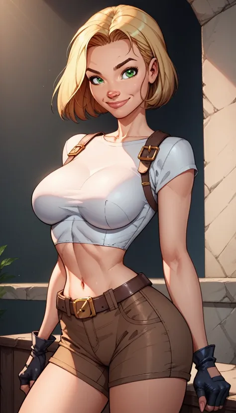 score_9, score_8_up, score_7_up,score_6_up, score_5_up, score_4_up, detailed soft lighting, 1girl, solo, large breasts, AchaseDG, hort hair, blonde hair, green eyes, plain white shirt, black gloves, crop top, (brown shorts:1.4), belt, fingerless gloves, (t...