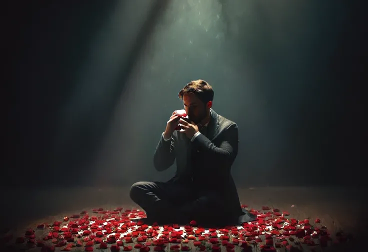 a man sitting on his knees ground, with rose, heart broken, moody atmosphere, dramatic lighting, somber colors, realistic, photorealistic, high-quality, detailed, masterpiece, cinematic, emotional, emotive, dramatic, melancholy, pensive, contemplative