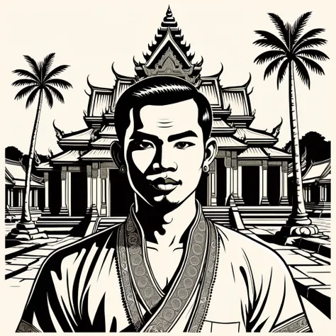 man in cambodia folk outfit, vector graphics, strong contours
