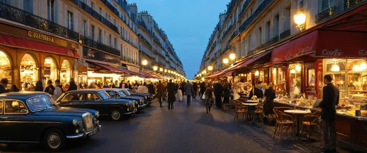 Cityscape, street cafeteria in Paris, night market, road lamps, cars, bookstore, long shot, wide view, sunset, vehicles, Vintage cars and elegantly dressed pedestrians add to the atmosphere of sophistication and glamour