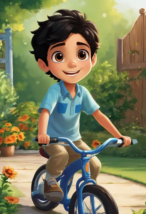 make a picture of a seven year old boy with dark black hair and brown eyes, riding a bike in the backyard