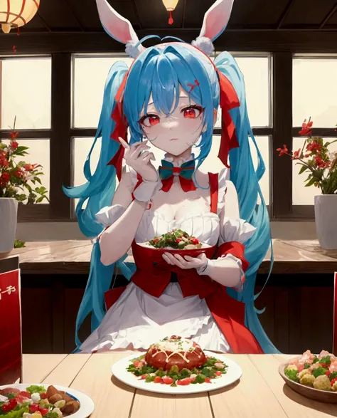 ((최고의 품질)), ((걸작)), (상세한), 여자 1명,Create an anime-style digital artwork of a character with long, blue hair tied into twin tails with bangs, and bright red eyes. The character has rabbit white ears and is wearing a stylish party dress. The setting is a gran...