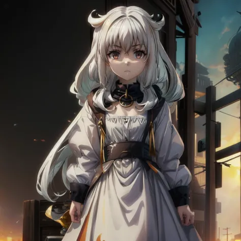 Ultra Quality, Shiny Skin, Atmospheric, 8K, Cinematic, ((Street background)), BREAK, ((Long White Hair)), narrowed black eyes, long black dress, fingers crossed, Sunglasses