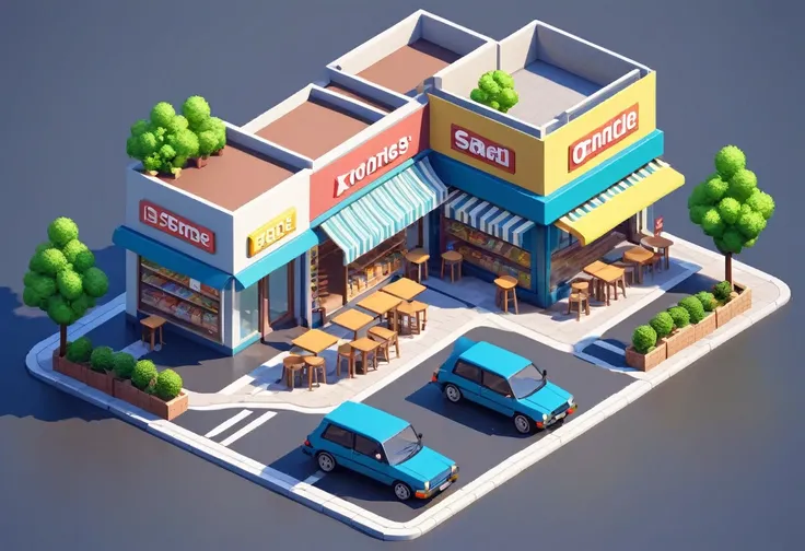 Convenience store，cafes，bookshops，Outdoor dining tables and chairs，crossroads，car，PARKING LOT，Isometric Art, 3D Isometric, Isometric pixel art，Simple background，MG_ip