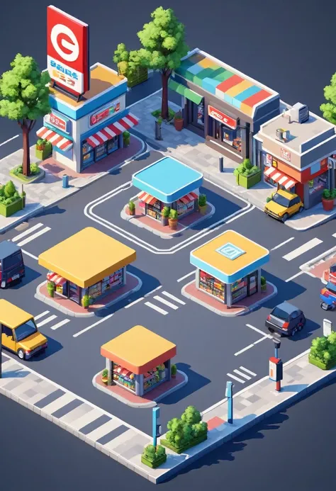 Convenience store，cafes，bookshops，Outdoor dining tables and chairs，crossroads，car，PARKING LOT，Isometric Art, 3D Isometric, Isometric pixel art，Simple background，MG_ip