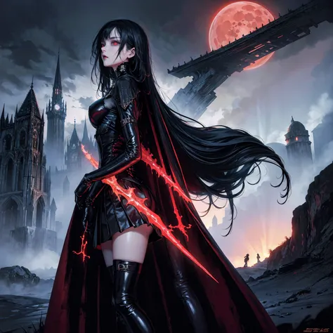 best quality, 4k, high resolution, masterpiece:1.2, Very detailed, actual:1.37, Mood lighting, Girl in a long cape, Wearing a reflective rubber latex skirt that shows a little skin above the chest, Dangerous sneer, Black Hair, Standing, Face facing the cam...