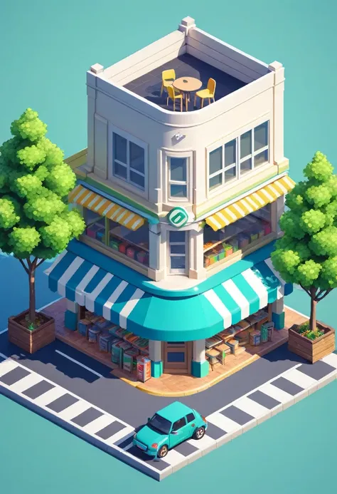 Convenience store，cafes，bookshops，Outdoor dining tables and chairs，crossroads，car，PARKING LOT，Isometric Art, 3D Isometric, Isometric pixel art，Simple background，MG_ip