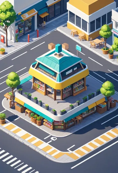 Convenience store，cafes，bookshops，Outdoor dining tables and chairs，crossroads，car，PARKING LOT，Isometric Art, 3D Isometric, Isometric pixel art，Simple background，MG_ip