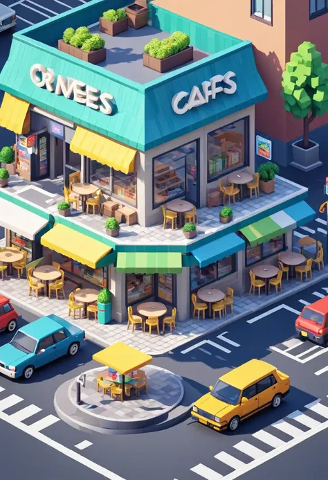 Convenience store，cafes，bookshops，Outdoor dining tables and chairs，crossroads，car，PARKING LOT，Isometric Art, 3D Isometric, Isometric pixel art，Simple background，MG_ip