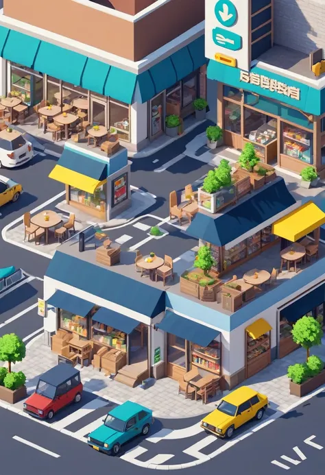 Convenience store，cafes，bookshops，Outdoor dining tables and chairs，crossroads，car，PARKING LOT，Isometric Art, 3D Isometric, Isometric pixel art，Simple background，MG_ip