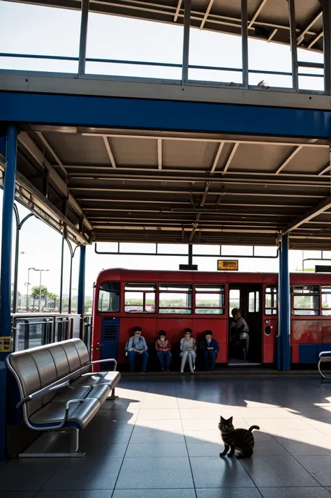 Wide shot of the bus station with the cat and kitten visible among other passengers.