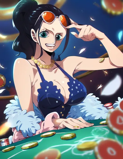 score_9, score_8_up, score_7_up, score_6_up, score_5_up, score_4_up, BREAK, source_anime, 1girl, nico robin wearing  a white short dress with a blue feather boa sitting at a poker table inside a casino, nicogold, necklace, sunglasses, black hair, ponytail,...