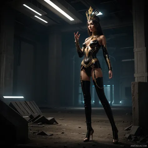 Full-body shot of an alluring woman in an extravagant, ancient-crown-inspired headpiece with futuristic embellishments. She has long legs and a highly seductive figure, with a face characterized by sharp, defined features and metallic accents. Her outfit i...