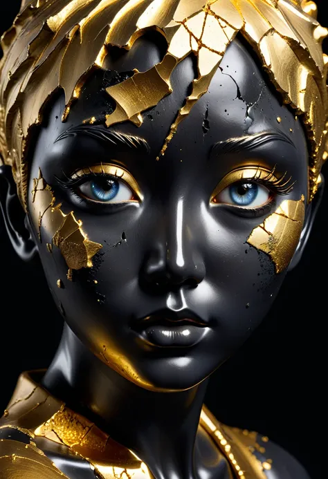 (naughty face,),Perfect eyes,((exhibit，Still Life Table，Artistic statues，3D Sculpture，ceramics，Surface cracks，Shattered Texture)), Show the beauty of nature.Kaneko，Gold Dust，portrait， This artwork is presented on a black background，Emphasize its artistic q...