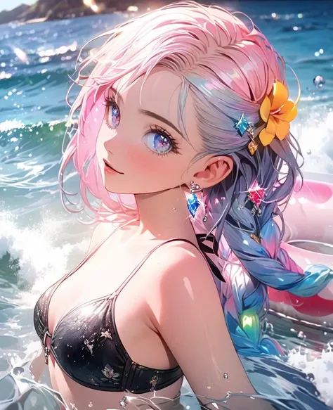 8K,gal，an extremely delicate and beautiful,Beautiful and realistic skin,Shiny jewel-like earrings,Shine like glitter long colorful hair,beautiful eyes,bikini,float ring,beautiful sea