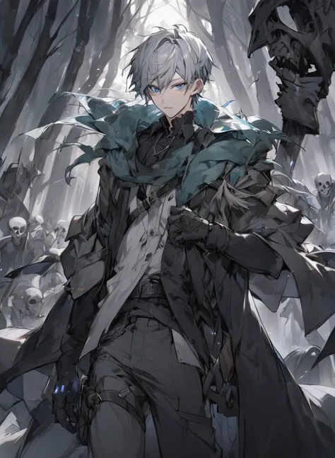 young man ,Male Dark, dark Woods, cold gray colors, man white hair with blue eye, Warlock dnd , Skeleton army in background