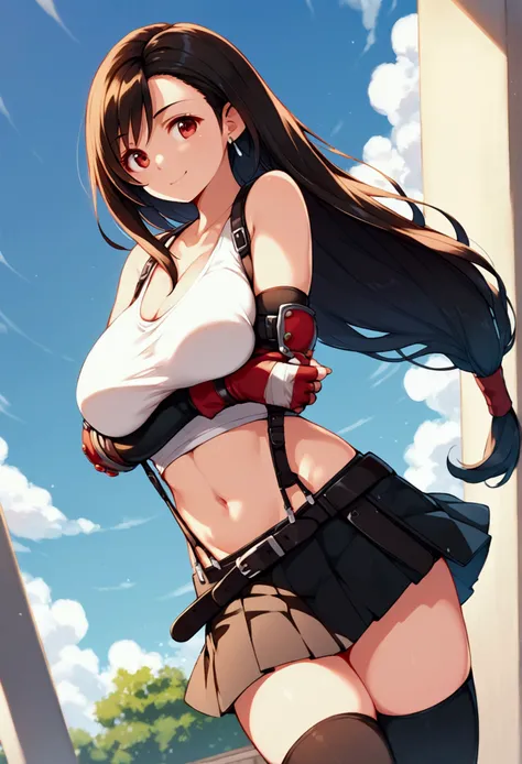 (score_9, score_8_up, score_7_up),,BREAK , ,dynamicangle,(breast focus),,standing, upperbody,breast hold　,Solo ,1girl, tifa lockhart, final fantasy, tareme,black hair, low-tied long hair, red eyes, bangs, (white tank top, belt, pleated skirt, thighhighs, e...