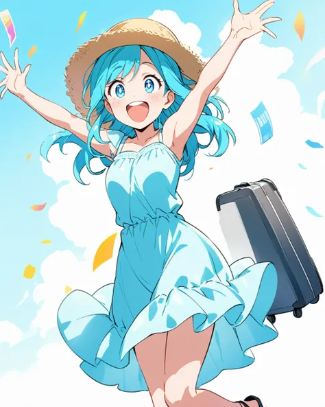 A cheerful girl in an anime style is posing with a light blue sundress, a straw hat, and black high-heeled sandals. She holds a small blue suitcase and airline tickets, looking excited and happy. Her expression is joyful with wide eyes and a big smile. The...