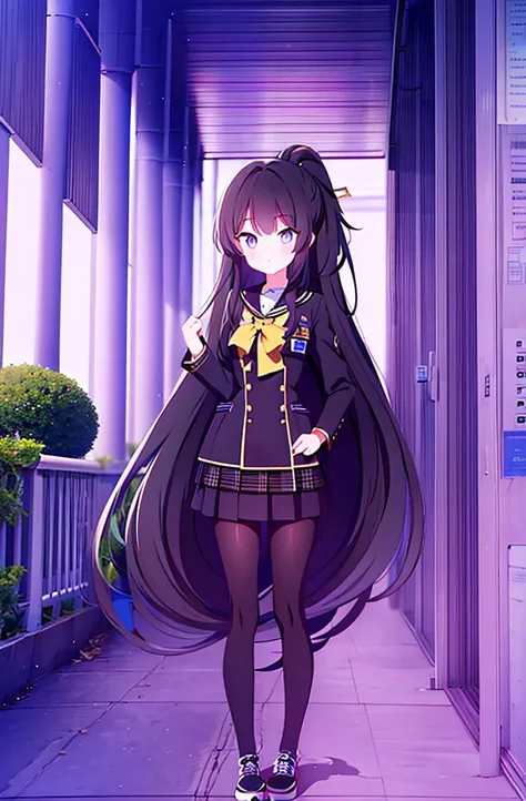 hair length about 5 meters girl long_hair black_hair tall black_uniform highschool 1girl high ponytail super long hair long hair