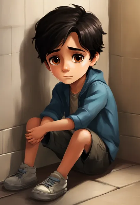 make a picture of a seven year old boy with dark black hair and brown eyes, sitting in a corner sad or crying