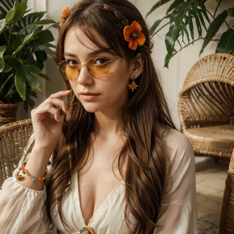 absurdities, high resolution, ultra detailed, 1 girl, Alone, Extremely detailed eyes, starfish, seaShell, Shell, flower, has, hair ornament, jewelry, straw has, looking at the viewer, Sunglasses, has flower, straw, Hair clip, earrings, red flower, tinted g...