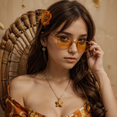 absurdities, high resolution, ultra detailed, 1 girl, Alone, Extremely detailed eyes, starfish, seaShell, Shell, flower, has, hair ornament, jewelry, straw has, looking at the viewer, Sunglasses, has flower, straw, Hair clip, earrings, red flower, tinted g...