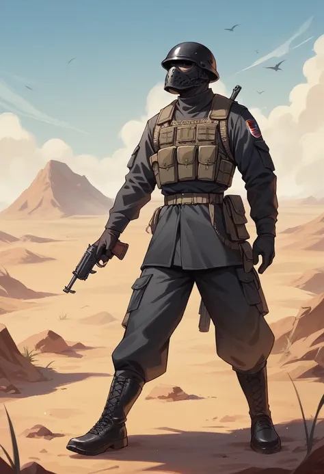 Male modern soldier, black armour, black helmet and mask, black long boots, desert, gun, black clothes, thin waist, black accessories, total black everything