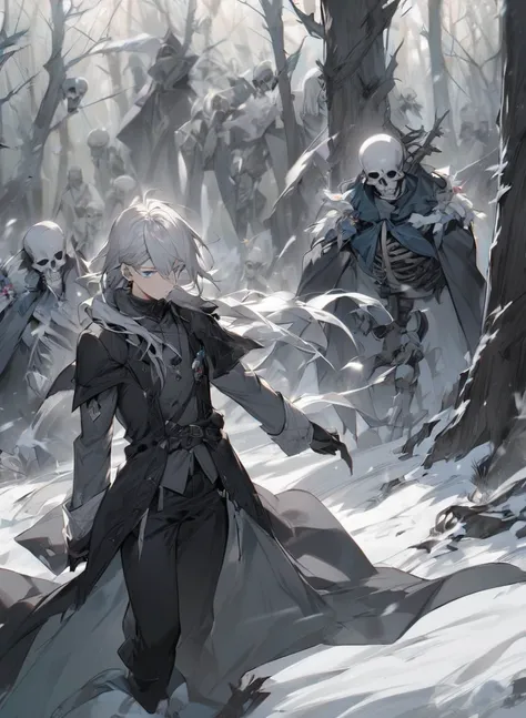 young man ,Male Dark, dark Woods, cold gray colors, man white hair with blue eye, Warlock dnd , Skeleton army in background