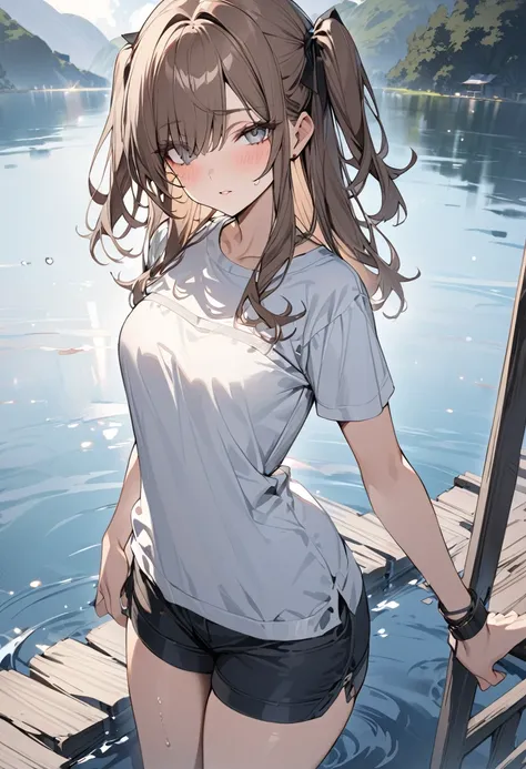 Highest quality　masterpiece　High resolution　masterpiece　Brown Hair　Cover one eye　Grey Eyes　two side up　Casual clothing　Standing on the lake