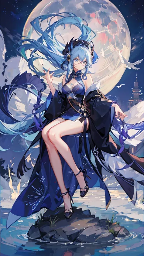 Beauty, Glasses, Blue Hair, semi-long, Diva, Moonlit Night, Chinese clothing, 