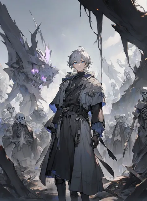 young man ,Male Dark, dark Woods, cold gray colors, man white hair with blue eye, Warlock dnd , Skeleton army in background