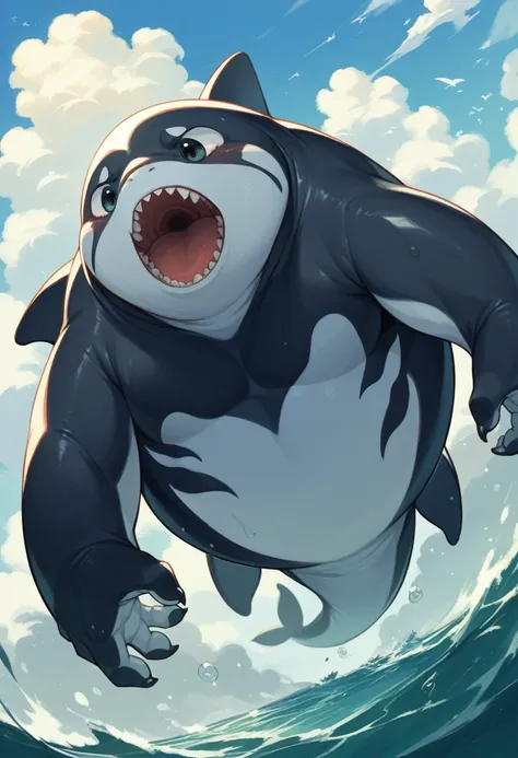 a large octopus, a orca-like kemono creature, a young surfer, black tentacles, a stormy sea, a clear sky