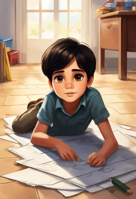 make a picture of a seven year old boy with dark black hair and brown eyes, lying on the floor drawing