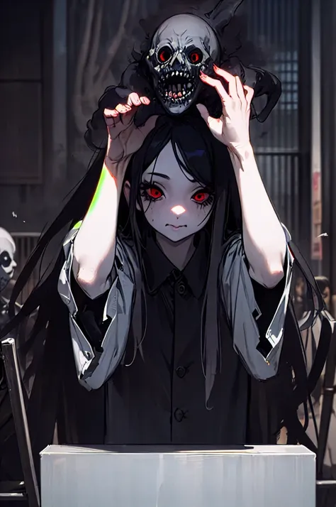 absurd, 1 Girl, Red Eyes, Long hair, Keep your eyes open, eyelash, Looking at the audience, Upper Body, Concept Art, , ghost, hall, horror theme, Strike a pose, crowd