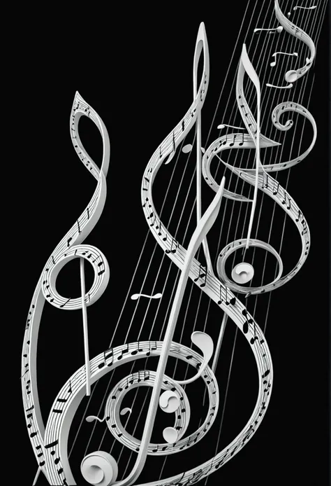 music notes, on a black background, hyper realistic image, vertical musical notes, image in 4k or higher, 3d image,  high resolution. 