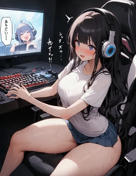 One Woman、beautiful girl、Sit on a chair、Dark Room、computer、Sit in a gaming chair、High-end headphones、Grip the game controller、computerに向き合う、beautiful girl, Highest quality,  T-Shirts、Short skirt、Thick thighs、Big 、Big Ass、Black Hair、long hair、Bangs、Sweaty b...