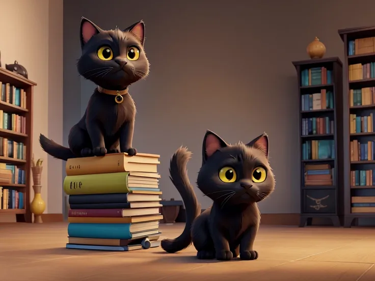 2. *A sleek black cat sitting on a bookshelf surrounded by colorful books:*
   - *Color:* Solid black with shiny fur.
   - *Size:* Medium-sized.
   - *Eyes:* Intense yellow eyes gazing at the viewer.
   - *Facial Expression:* Alert, ears slightly forward, ...