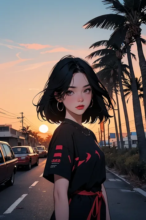 retro girl, Miami, sunset, Ferrari, palm tree, 90s, (flat colors, flat texture, lineart:1.2), graphical design, (heavy ink, ink blacks),