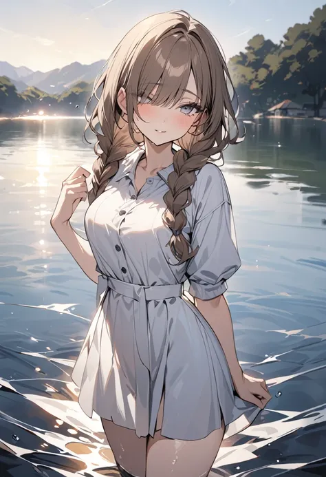 Highest quality　masterpiece　High resolution　masterpiece　Brown Hair　Cover one eye　Grey Eyes　french braids　Casual clothing　Standing on the lake