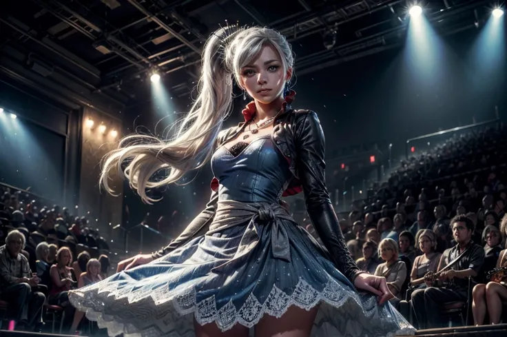 (masterpiece, best quality:1.2), cowboy shot, weissvale, smile, closed mouth,  looking at viewer, long white hair, side ponytail, scar above eye, scar below eye, blue ballroom dress,  jewelry, necklace, earrings, future_urban, standing in theater, on stage...