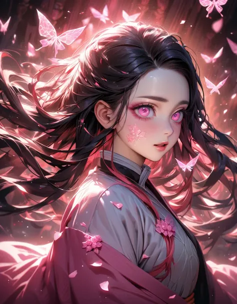 absurdres, highres, ultra detailed, HDR, masterpiece, best quality, extremely detailed face and eyes, perfect face, realistic face, beautiful eyes, Nezuko Kamado, black hair, expressive pink eyes, Kimetsu No Yaiba, solo, woman, beautiful, pink ice butterfl...