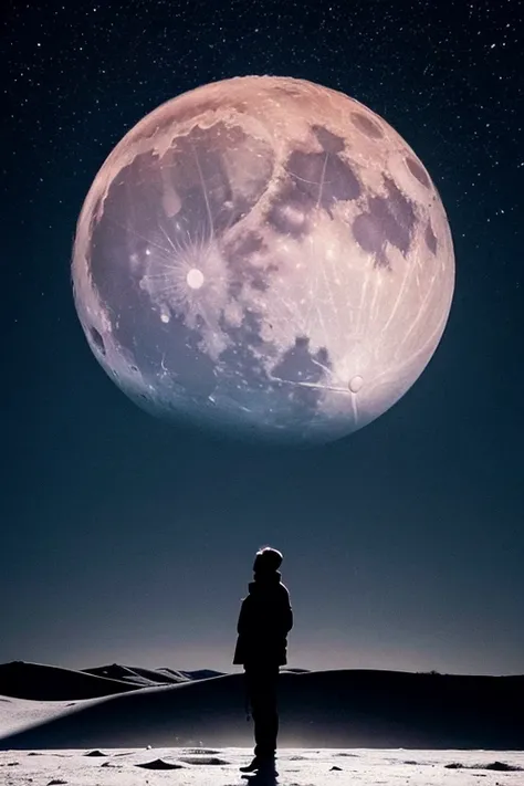 Highest quality,Big moon and shadow,A silhouette of a person can be seen against the backdrop of a large moon.,There is one full moon,There is a mood,Beautiful scenery,Starry Sky