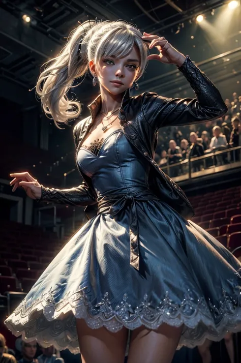 (masterpiece, best quality:1.2), cowboy shot, weissvale, smile, closed mouth,  looking at viewer, long white hair, side ponytail, scar above eye, scar below eye, blue ballroom dress,  jewelry, necklace, earrings, future_urban, standing in theater, on stage...