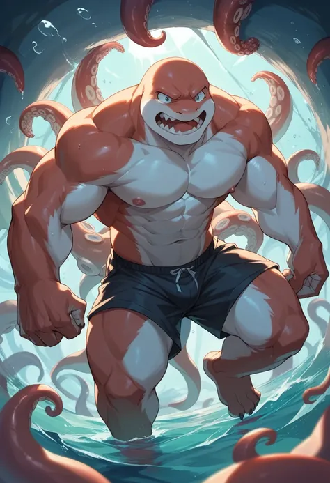 furry、caught by a giant octopus、constraints、tentacles（a boy like a dolphin）muscular、surfer、黒いtentacles、rough seas、clear