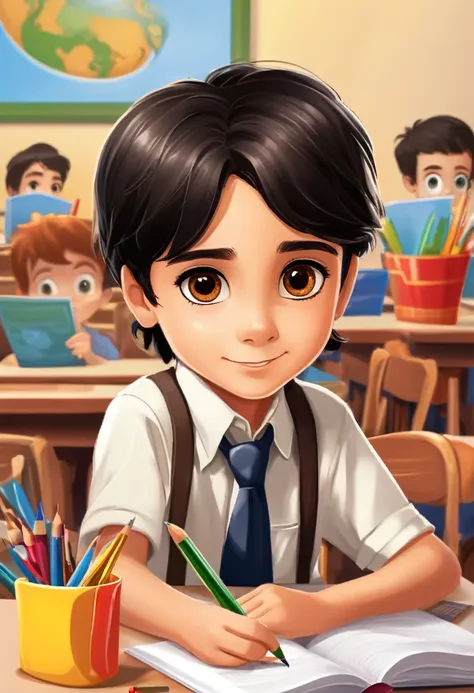 make a picture of a seven year old boy with dark black hair and brown eyes, at school studying