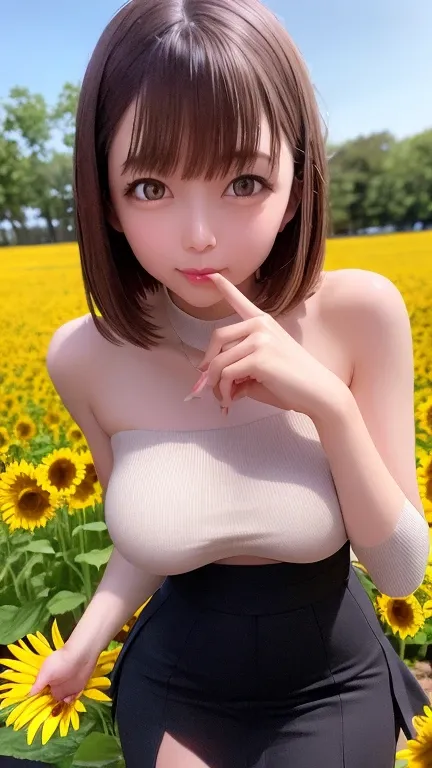 One girl, 22 years old, Bob Hair、Brown Hair、Medium breast、A neat and well-groomed face、Sleeveless bandeau sweater with lace、(High-waisted skirt with slit, Long skirt with slit)、Anatomically correct limbs、Anatomically correct fingerasterpiece:1.3、Raw photo、...