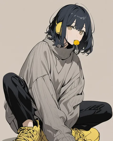 A digital illustration of a young woman with short, wavy, dark blue hair wearing large, yellow headphones. She is sitting in a crouched position, dressed in an oversized gray sweater, black pants, and chunky sneakers. She has a thoughtful expression and is...