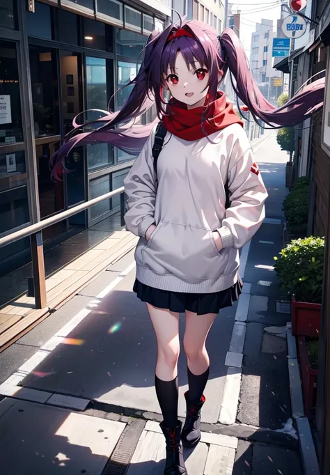 yuukikonno, Konno Yuuki, Long Hair, Pointed Ears, Purple Hair, (Red eyes:1.5), (Small breasts:1.2), Open your mouth,happy smile, smile, Open your mouth,hair band,low twin tail,Red Scarf,Oversized purple hoodie,Long skirt,Black pantyhose,short boots,He has ...