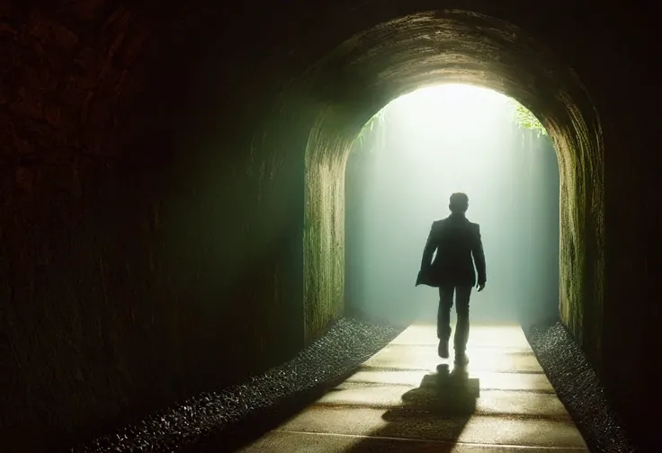 A man walking towards a light at the end of a tunnel, intricate details, dramatic lighting, cinematic composition, wide angle shot, moody atmosphere, deep shadows, glowing light, photorealistic, Unreal Engine, muted color palette, chiaroscuro lighting