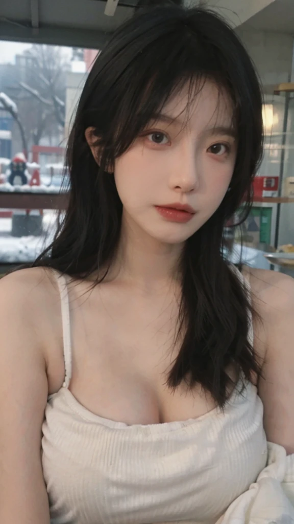 Portrait photography，1 girl，Snow Scene，Snowing background，Thickened cup strapless outer expansion underwear for women with small chest, gathered, non-slip and large, 6cm front buckle, wrapped chest, flat chest, tube top ，whole body：1.4，Lipstick，(Big Breast...